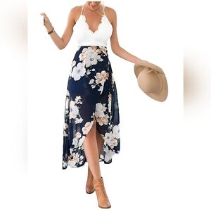 Women's Deep V Neck Sleeveless Summer Asymmetrical Floral Maxi Dress size 12